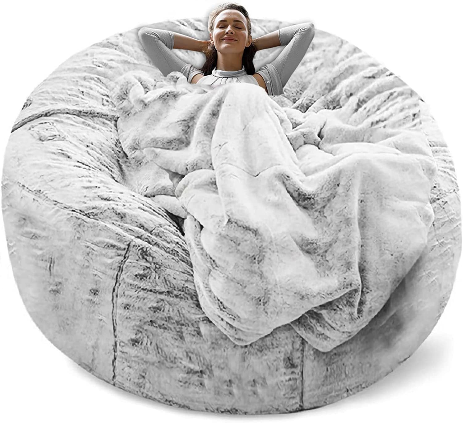 Bean Bag Chair Cover it Was Only A Cover, Not A Full Bean Bag Chair Cushion, Big Round Soft Fluffy PV Velvet Sofa Bed Cover, Living Room Furniture, Lazy Sofa Bed Cover, 5ft Snow Gray